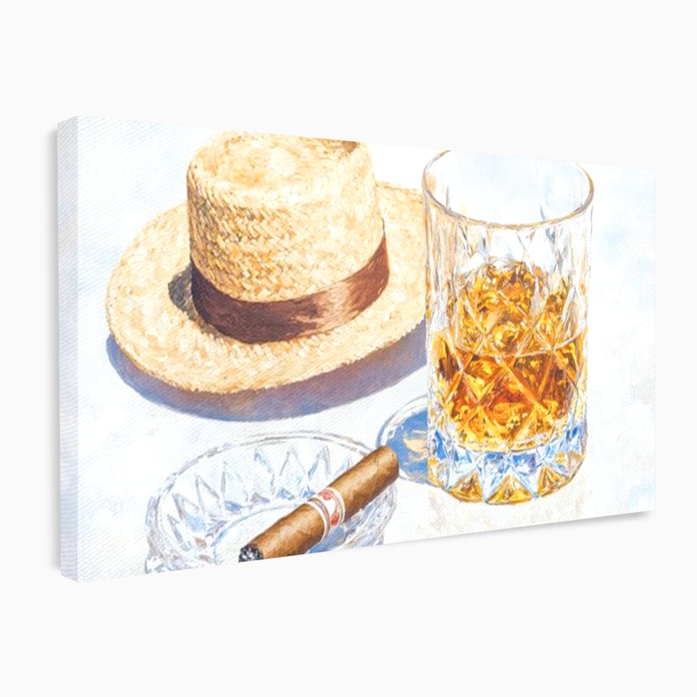 Tablou canvas cu natura statica cu palarie si pahar de whisky, fara rama, pe sasiu de lemn